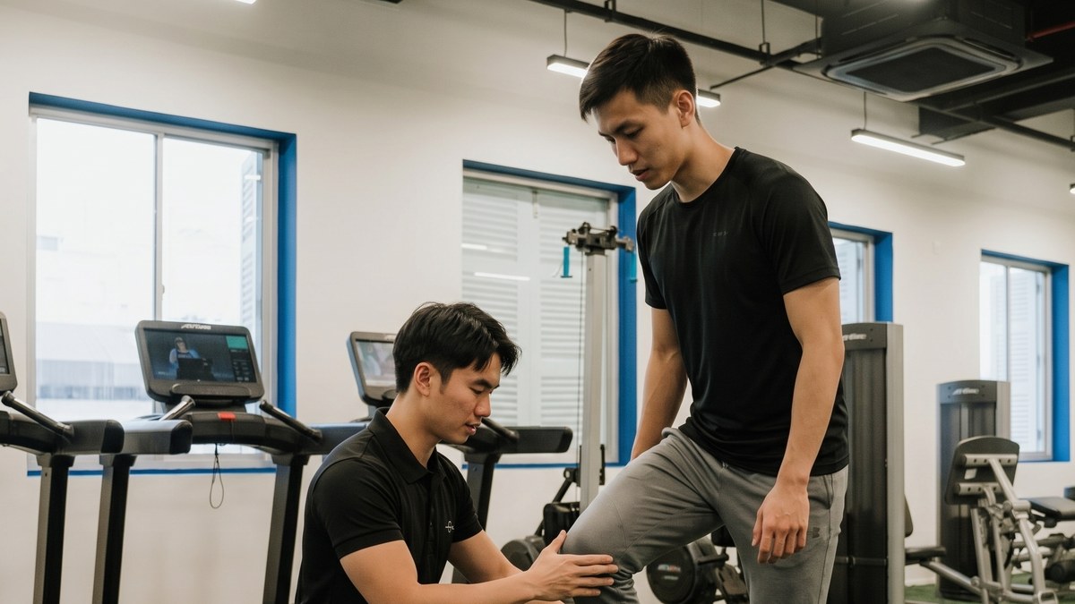 Vincent guiding an athlete through a banded knee rehab drill at Horizon Wellness Club