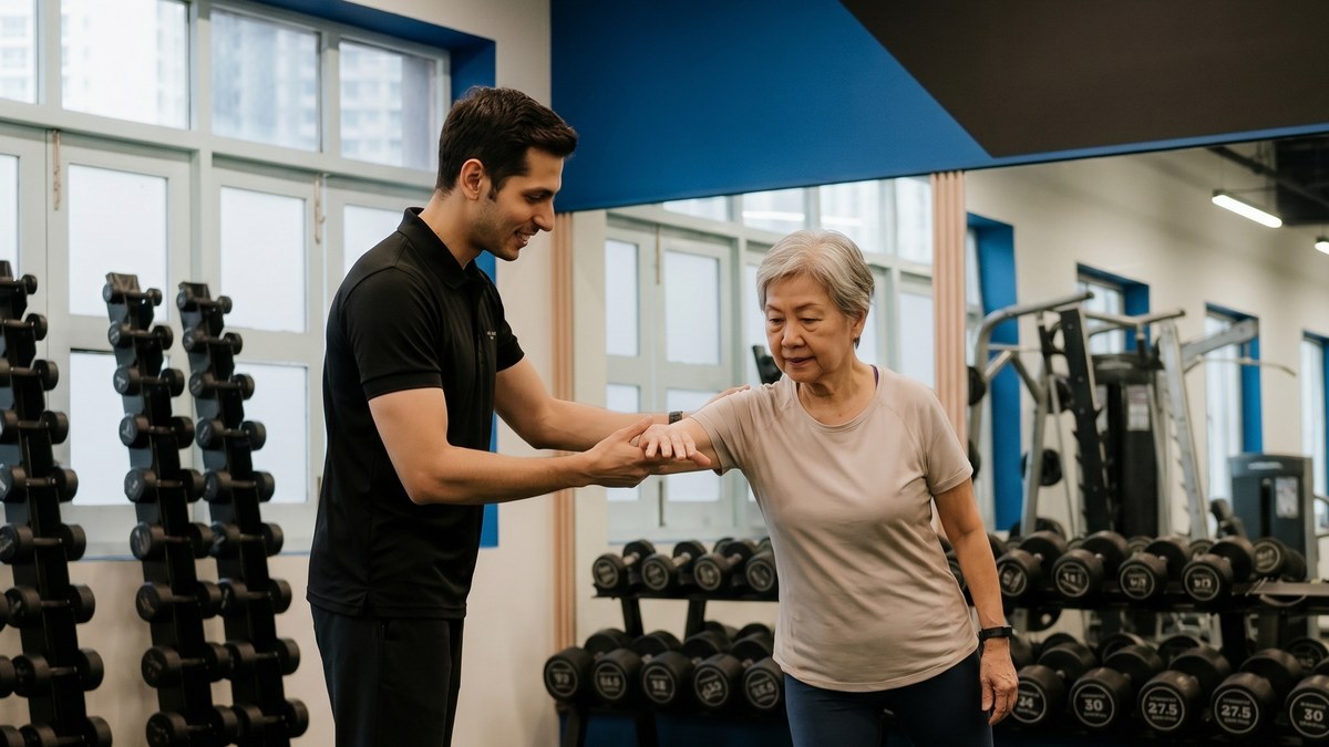 Anwar guiding an older adult client through balance care at Horizon Wellness Club