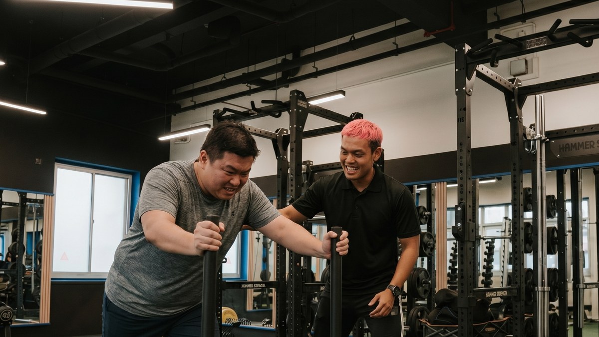 Mef guiding a client through sled work for weight management at Horizon Wellness Club